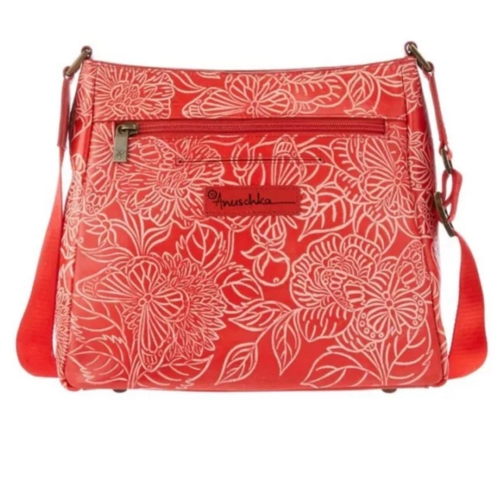 Anuschka Tooled Leather Crossbody with Adjustable Strap-Butterfly Coral-NWT